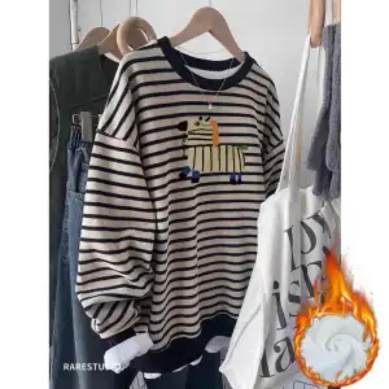 

Модная бархатная полосатая толстовка для женщин Осень и Зима Новая Свободная и Универсальная Повседневная Толстовка L чёрный