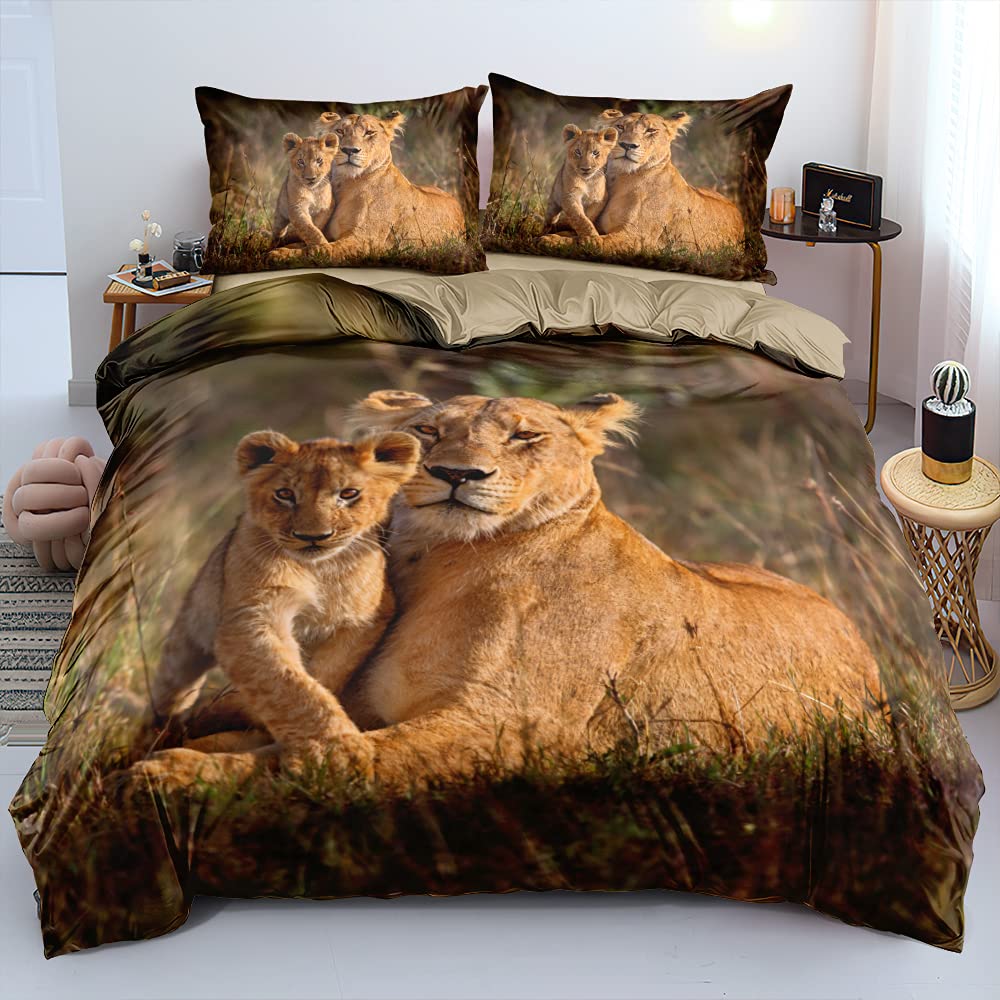 Lion Duvet Quilt Cover Sets Wild Animal Bedding Sets Pillow Shams King Queen Twin Full Size Boys Kids Girl Bedroom Decor 3PCS