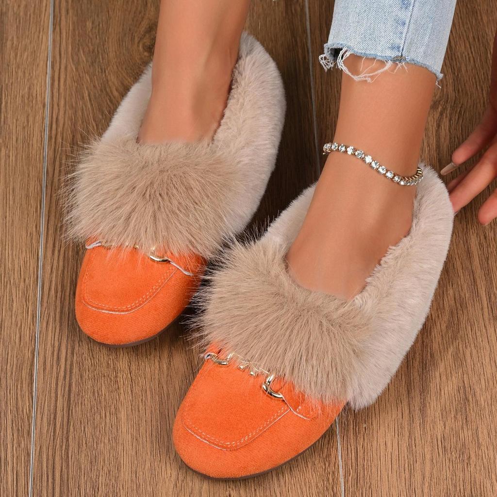 Fluffy Loafers with Decorative Buckles, Warm and Cozy for Winter, Easy Slip-On Flat Shoes for Women
