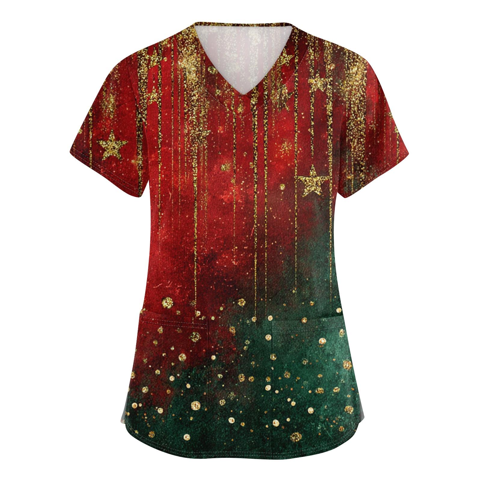 

Женский топ защитного костюма с V-образным вырезом, рождественским принтом, короткими рукавами, карманом и боковым разрезом XXXXXL зелёный