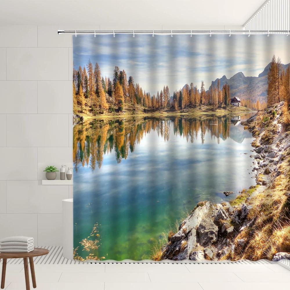 Natural Scenery Shower Curtain Set Mirror Lake Forest Grassland Mountain Kid Flying A Kite Home Bathroom Decor Hanging Curtains