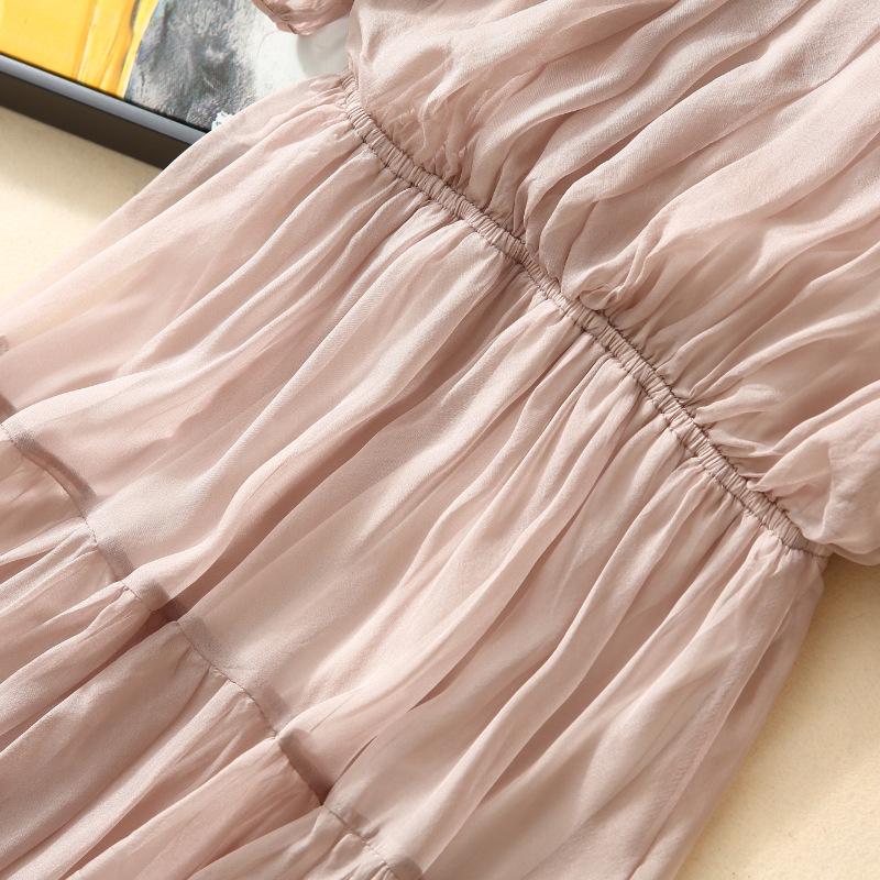 2025 Damen Seidenkleid mit französischen Puffärmeln und V-Ausschnitt