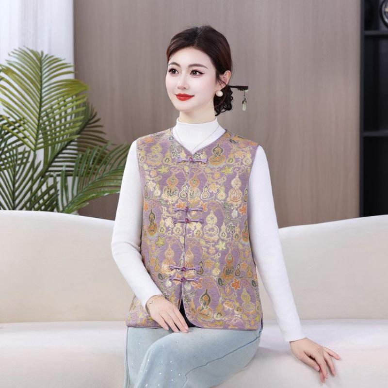 Damen Retro Chinesischer Stil Froschknopf Rundhals Weste – Frühling/Herbst Kürbis Jacquard Design