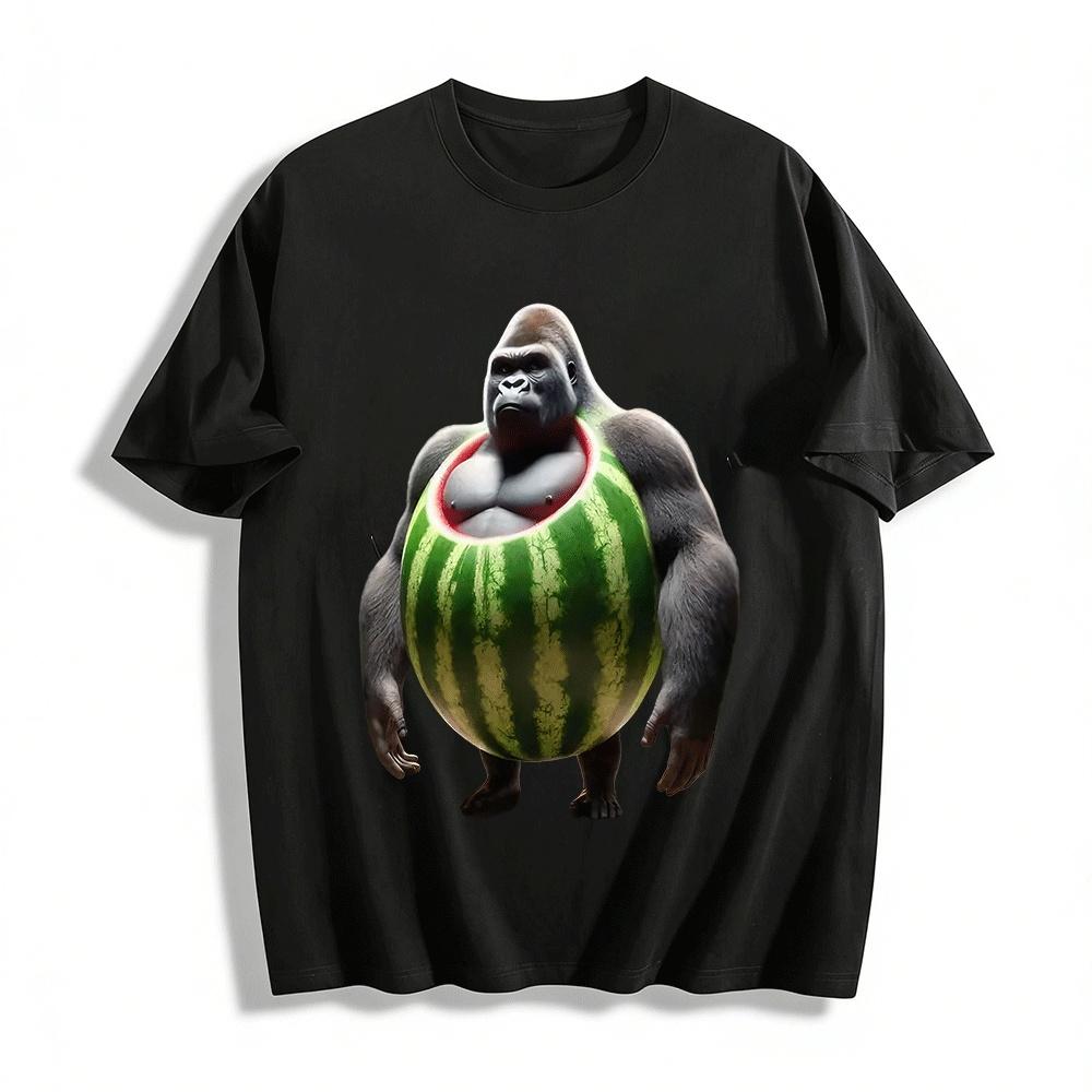 

Funny Gorilla Watermelon Print Short Sleeve Trendy Casual Top Pure cotton T-shirt XXS