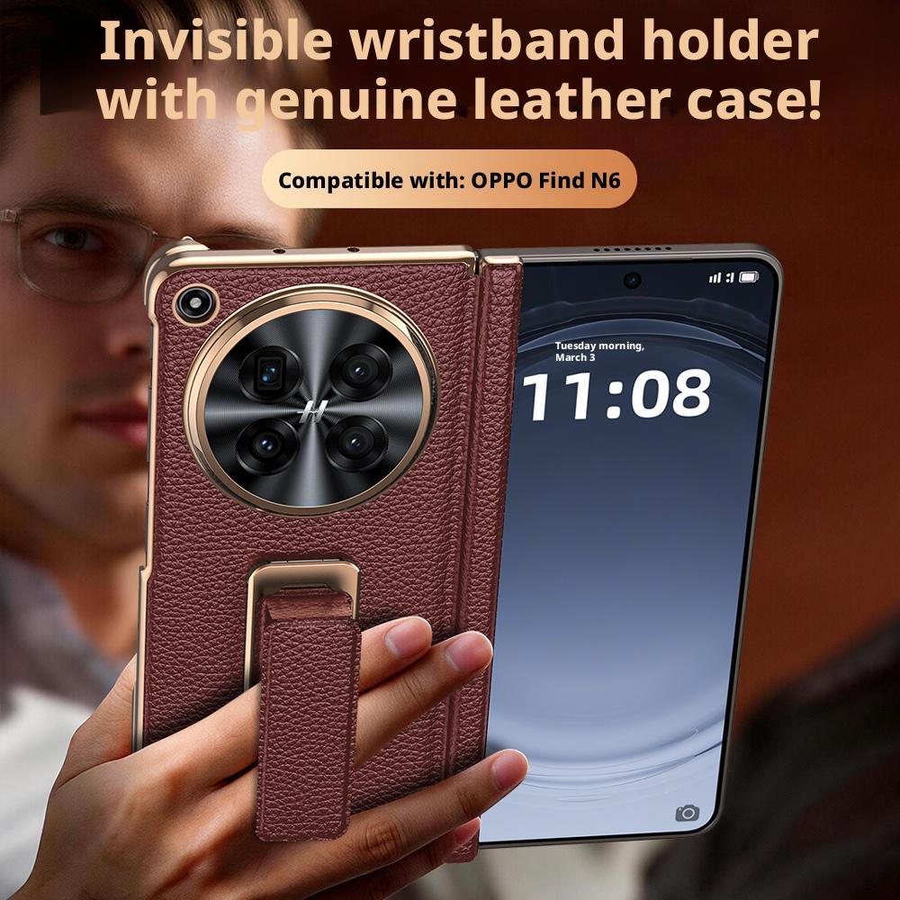 For Oppo Find N6 Case Genuine Leather Auto-Retracting Finger Grip Band Metal 270° Rotating Stand Dual Hinge Protection Cover