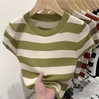 Fashion Women Short Striped Bottoming T-shirt Summer New Casual Short Sleeve Knitted Tops