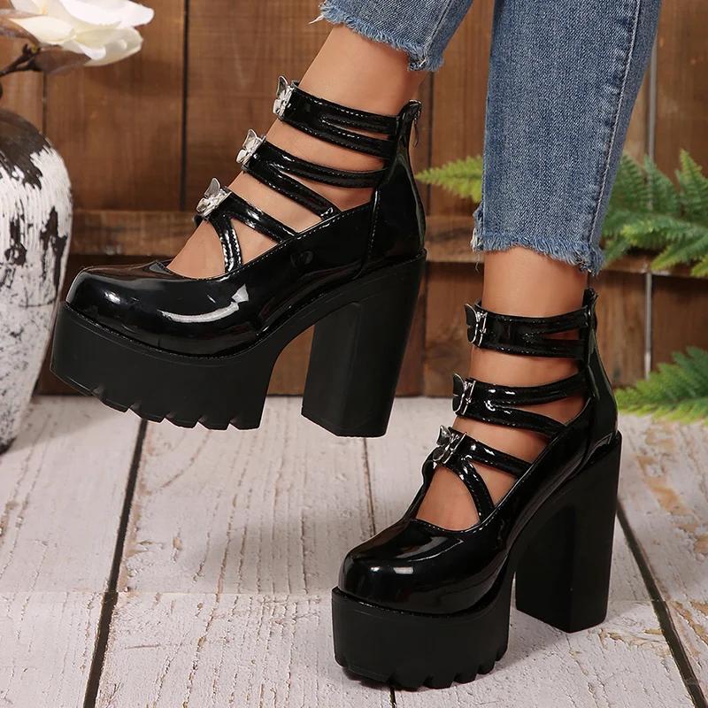 Butterfly Decor Ankle Strap High Heel Pumps for Women Gothic Chunky Platform Mary Jane Shoes Woman Thick Heel Black Lolita Shoes