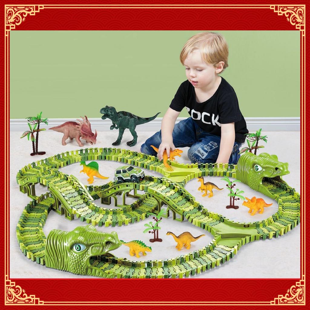 Dinosaur Race Track Set Rail Car Toys Assembly Bend Flex Racing Track Led Electronic Flash Light Car Toys for Children Years Gift