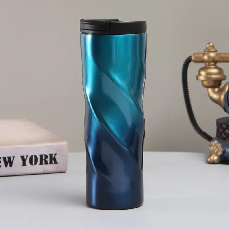 500ml Twisted Swirl 304 Stainless Steel Travel Tumbler, Double Wall Vacuum Insulated Coffee Mug with Flip Lid