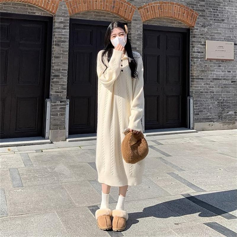 Medium and long pullover knitted top for women's autumn and winter new loose temperament lapel sweater skirt