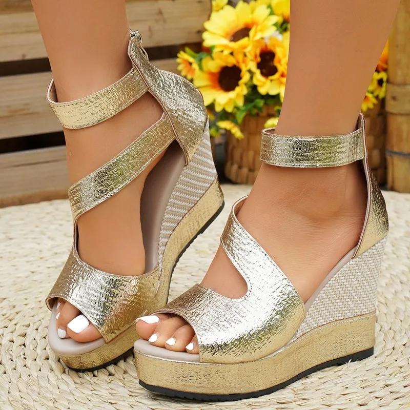 Fashion 2025 New Ladies Shoes Back Zipper Women's Sandals Fashion Printing Summer Open Toe Plus Size Best Seller Wedge Sandals Zapatos