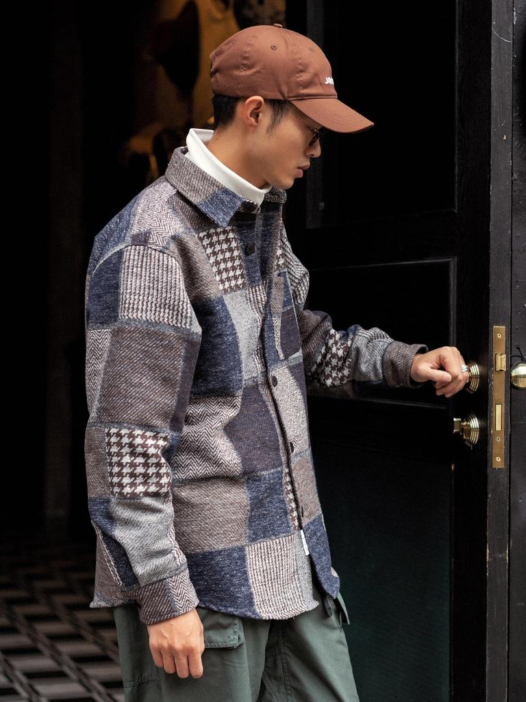 Fashion Long Sleeve Shirt Autumn Clothes Retro Switching Design Thick Patchwork Tweed Check Outerwear [CHANGE WELL] Men's Spring/Autumn/Winter