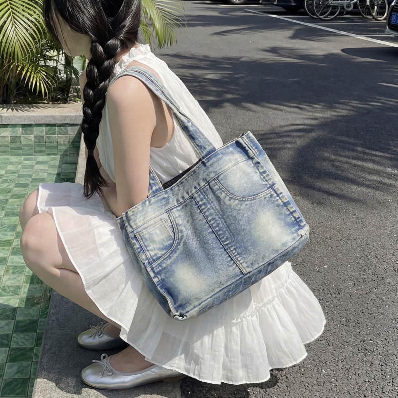 New Fashi Lazy Style Denim Shoulder Bag Casual and Simple Commuting Bag Fashiable and Versatile Tote Bag Korean Trendy
