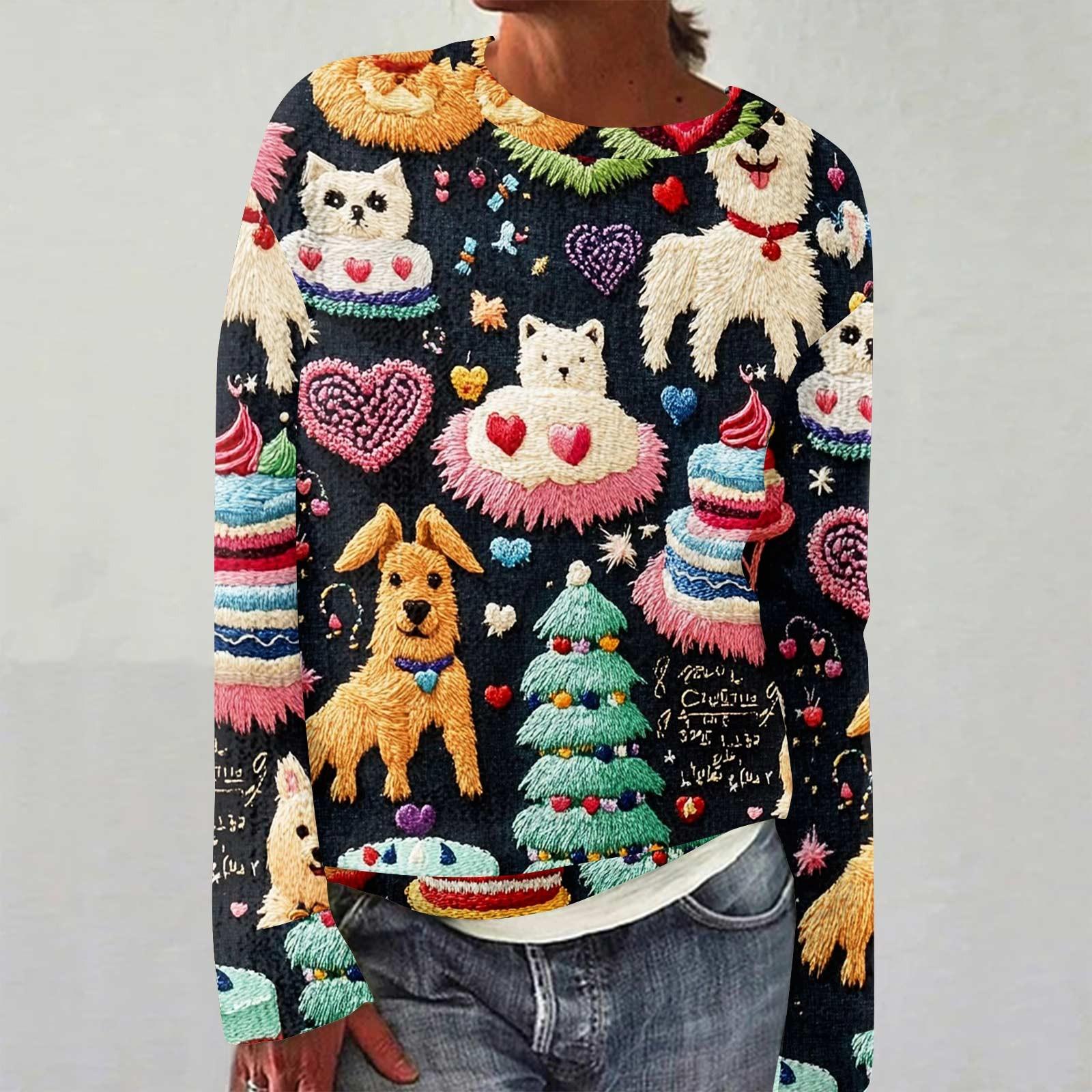 

Женский модный повседневный свитер с круглым вырезом и длинным рукавом с милым принтом из шерстяной вязки L чёрный