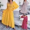 Spring Summer Square Neck Long Sleeve Holiday Cotton Dress Pleated Long Women's Dresses