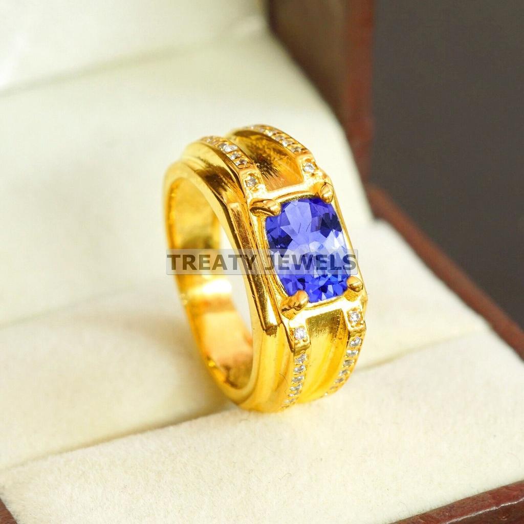 Tanzanite Oval Cut With 925 Sterling Silver Gold Plated Ring For Men's #B653 JL375686562960