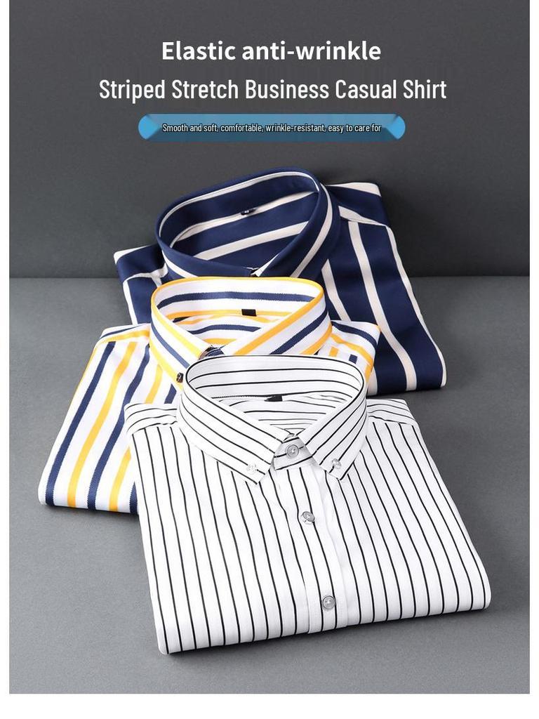 Men's Spring Easy-Care Striped Long Sleeve Stretch Slim Fit Shirt - Iron-Free Business Wear