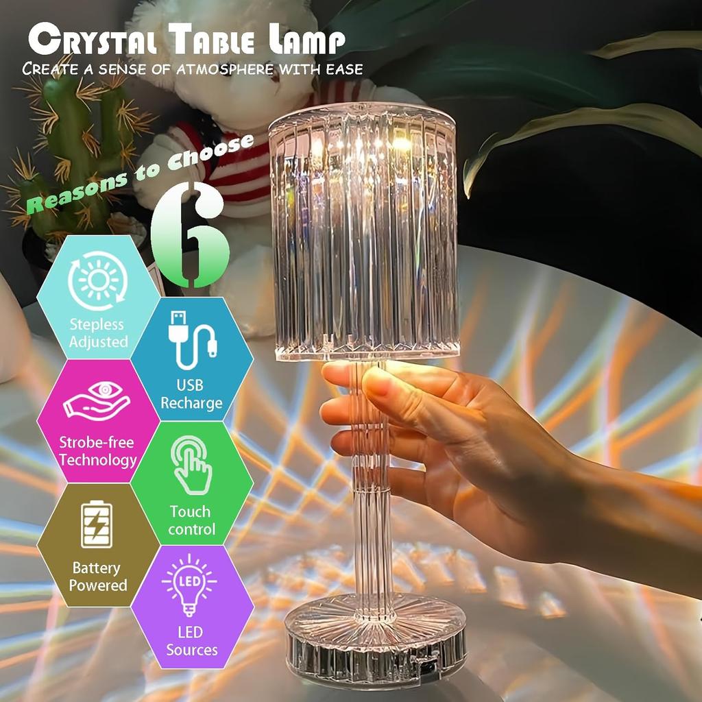 Crystal Table Lamp,RGB Changing Touch Table Lamp with Remote Control,USB Rechargeable Crystal Bedside Lamp,LED Cordless Desk Lamp for Bedroom/Living