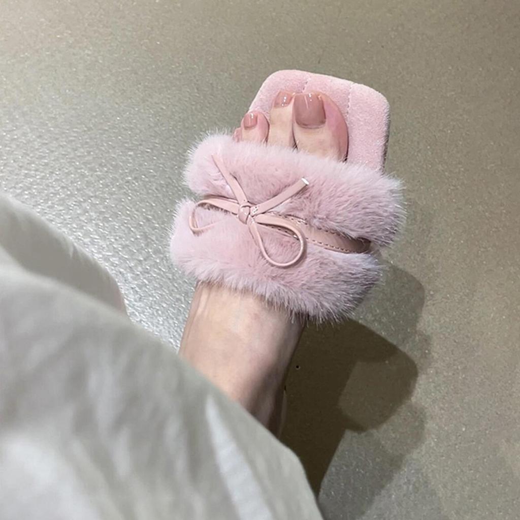 Soft Waxy Sweetheart! French Bow Fluffy Shoes Women Wear New Gentle Fairy Style Temperament Soft Bottom One-word Drag