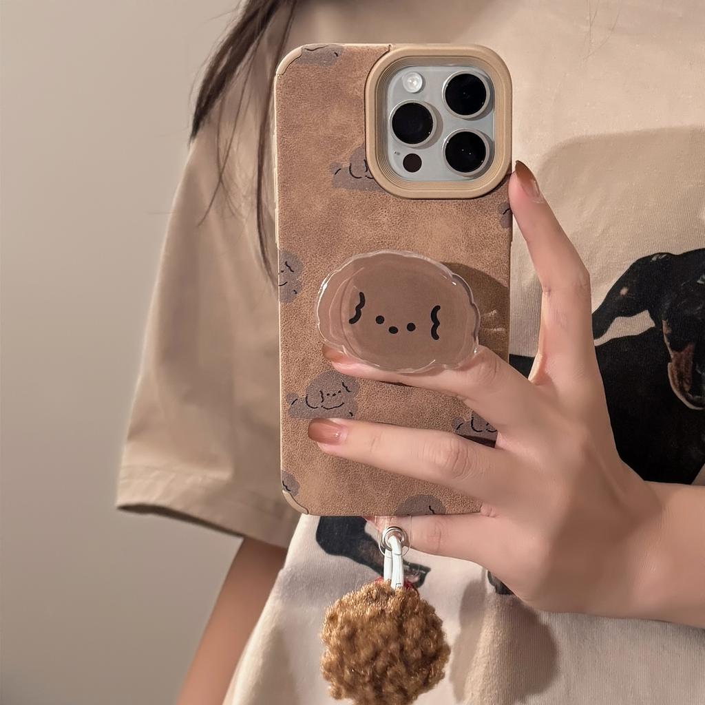 Leather Brown Dog Suitable for Iphone16 IPhone Case 14pro Max Retro Stand 15 Plush Ball 13