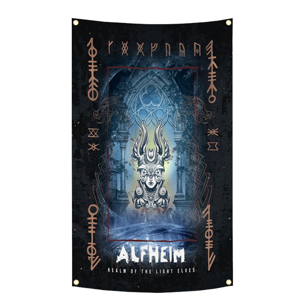 90X150Cm Norse Mythology Flag Mjolnir Yggdrasil World Tree Tapestry Polyester Digital Printing Banner Garage Wall Art Decoration