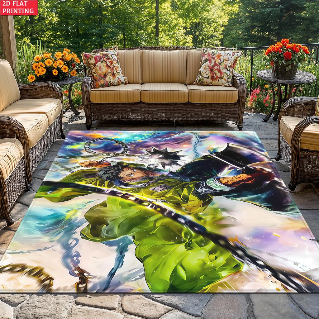Anime Warrior Area Rug, Green Flame Chain Theme Floor Mat, Decorative Carpet for Gaming Room Bedroom, Washable Home Decor Gift