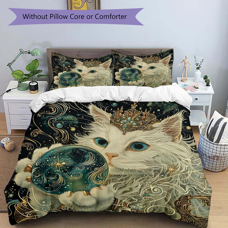 

3pcs Noble White Cat Quilt Set - Soft and Comfortable Bedroom, Guest Room and Dorm Decor Bedding Set 1 Quilt Cover + 2 Pillowcases.M080 135cm*200cm
