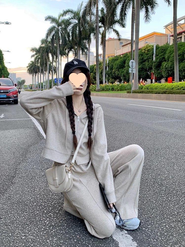 Women's Two-Piece Hooded Zip-Up Sweatshirt & Wide-Leg Pants Set - Casual, Loose Fit for Spring & Autumn, Trendy Korean Style