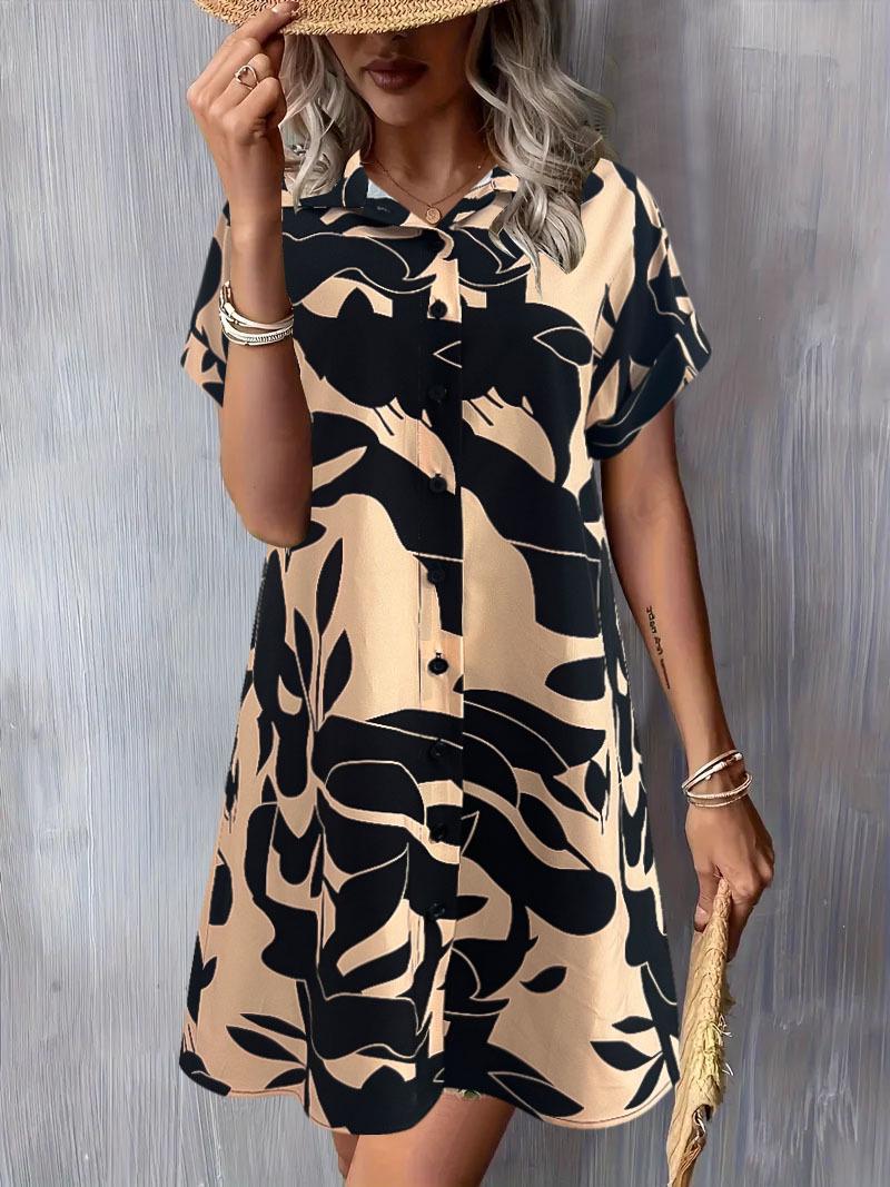 2025 Women s Elegant Short-Sleeve Printed Shirt Dress 2XL