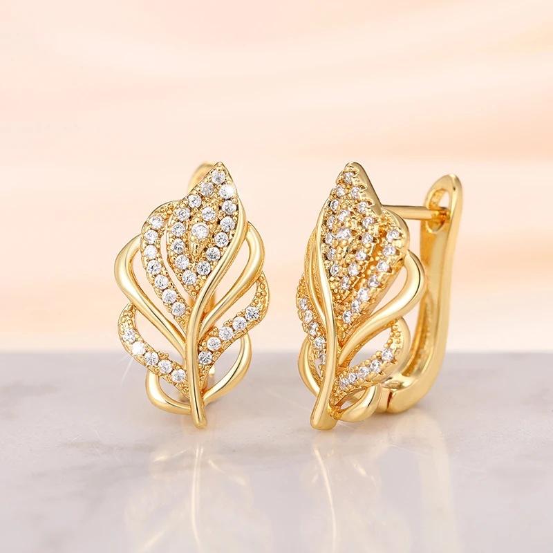

CAOSHI Delicate Leaf Shaped Hoop Earrings Female Fashion Accessories Gold Color/Copper Color Shinning Zirconia Zircon for Lady