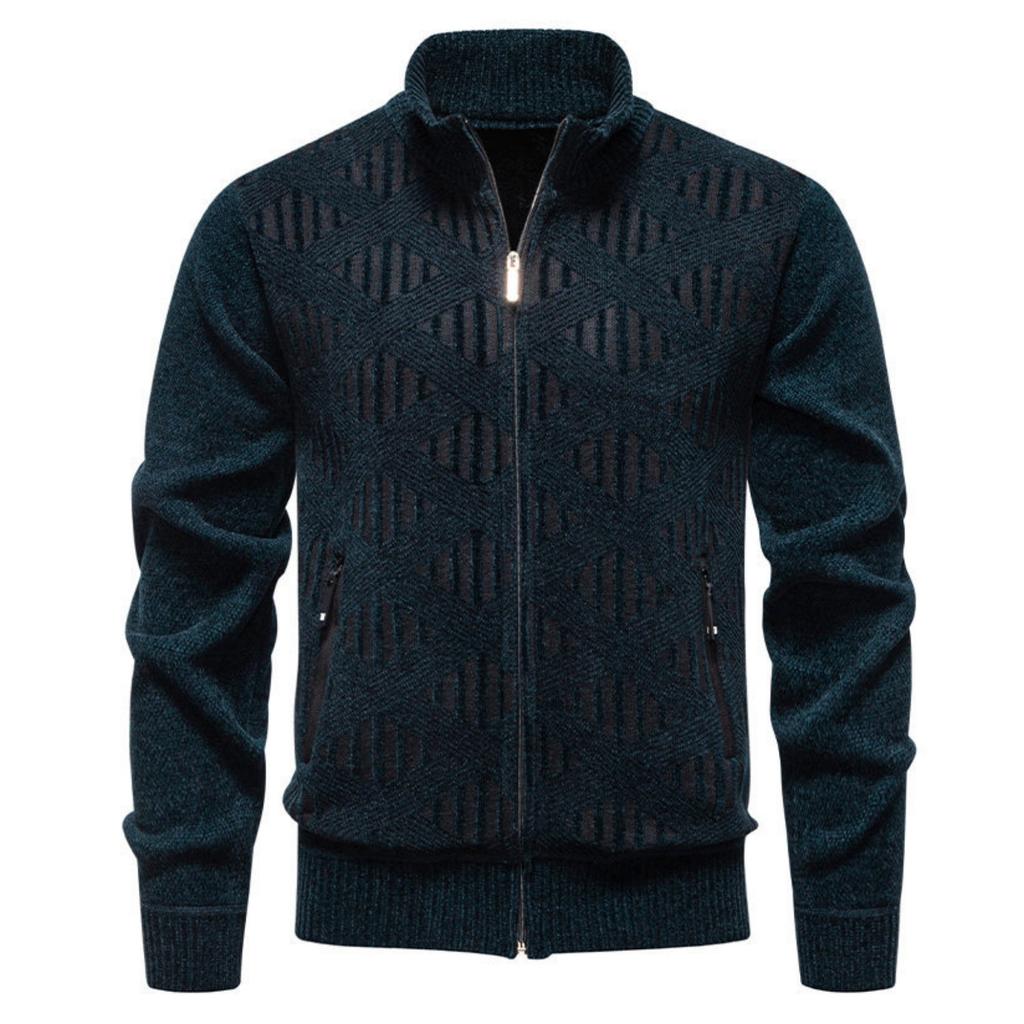 Men's Casual Solid-color Cardigan Sweater, Men's Stand-up Collar With Fleece And Thickened Chenille Knitted Sweater Coat