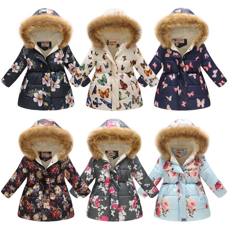 Autumn and Winter Children's Cotton Jacket Boys and Girls Fashion Printing Cartoon Big Boy Long Section Hair Collar Hooded Cotton Coat Jacket