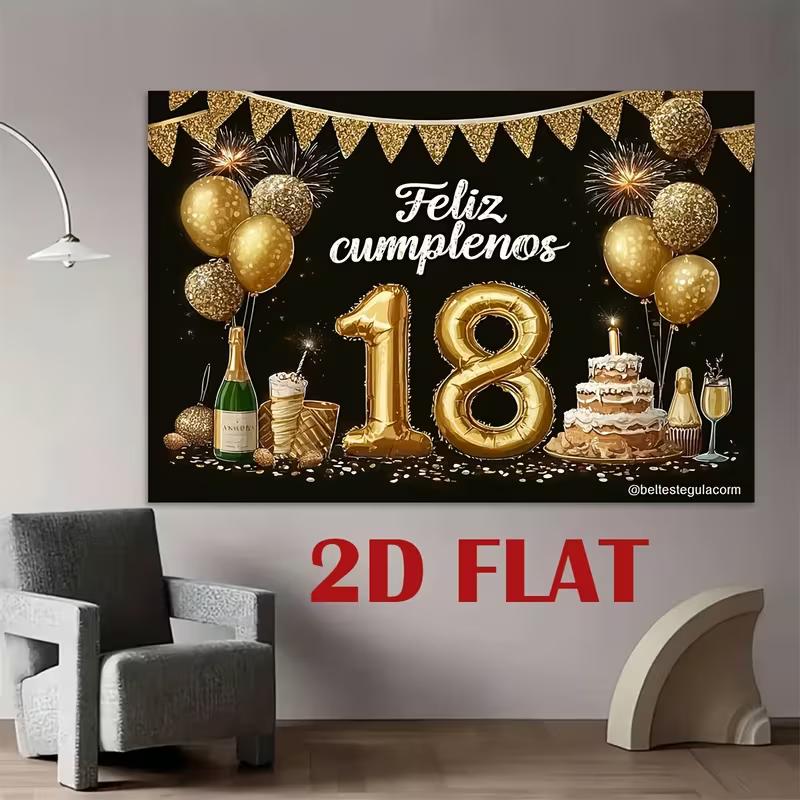 2D Black Gold 18th Birthday Photography Backdrop with Feliz Cumpleaños
