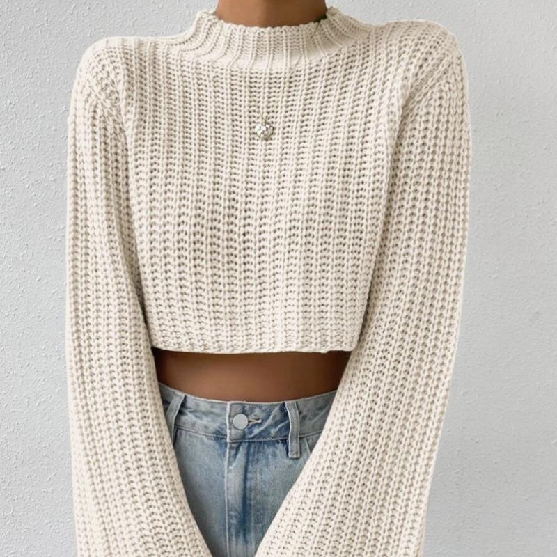 European & American Women's Solid Color Knit Bell Sleeve Cropped Sweater