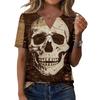 Women V Neck Short Sleeve Skull Print Tops Casual Holiday Graphic Tees Loose Fit Distressed Style T Shirt Blouses