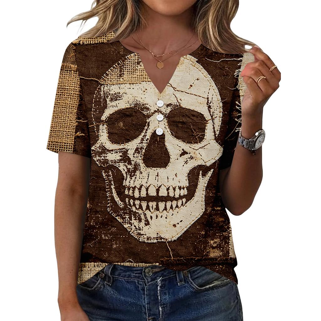 Women V Neck Short Sleeve Skull Print Tops Casual Holiday Graphic Tees Loose Fit Distressed Style T Shirt Blouses