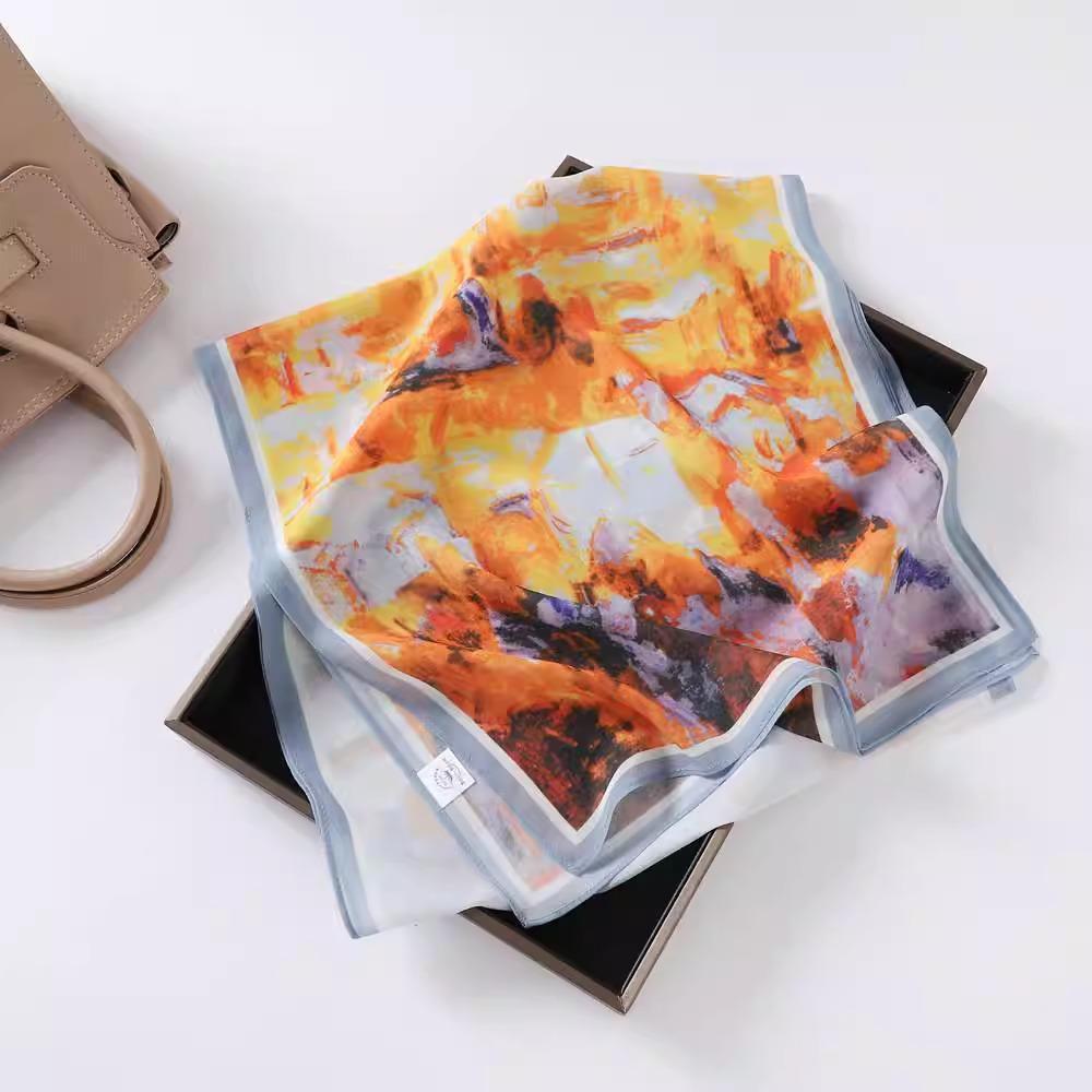 Fashion new long silk scarf women's Korean version line printing simulation silk medium length thin scarf sunscreen shawl