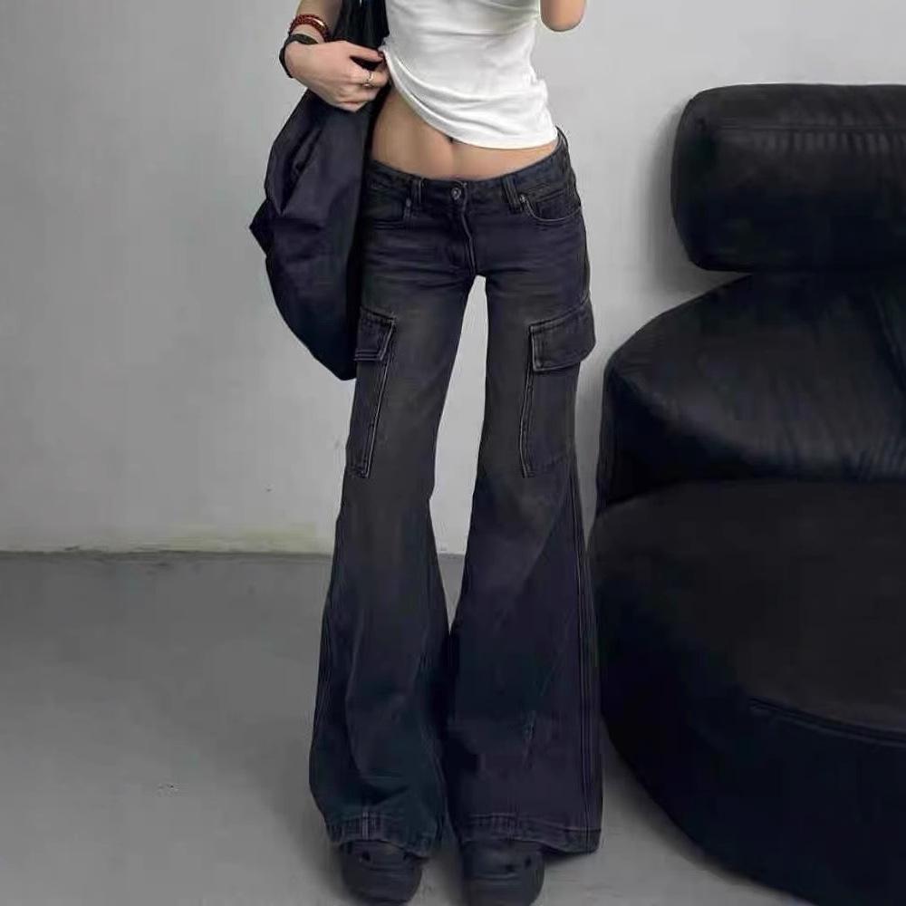 Women's Retro Low-Waist Flared Cargo Jeans - Wide Leg, Floor-Length, Autumn Style
