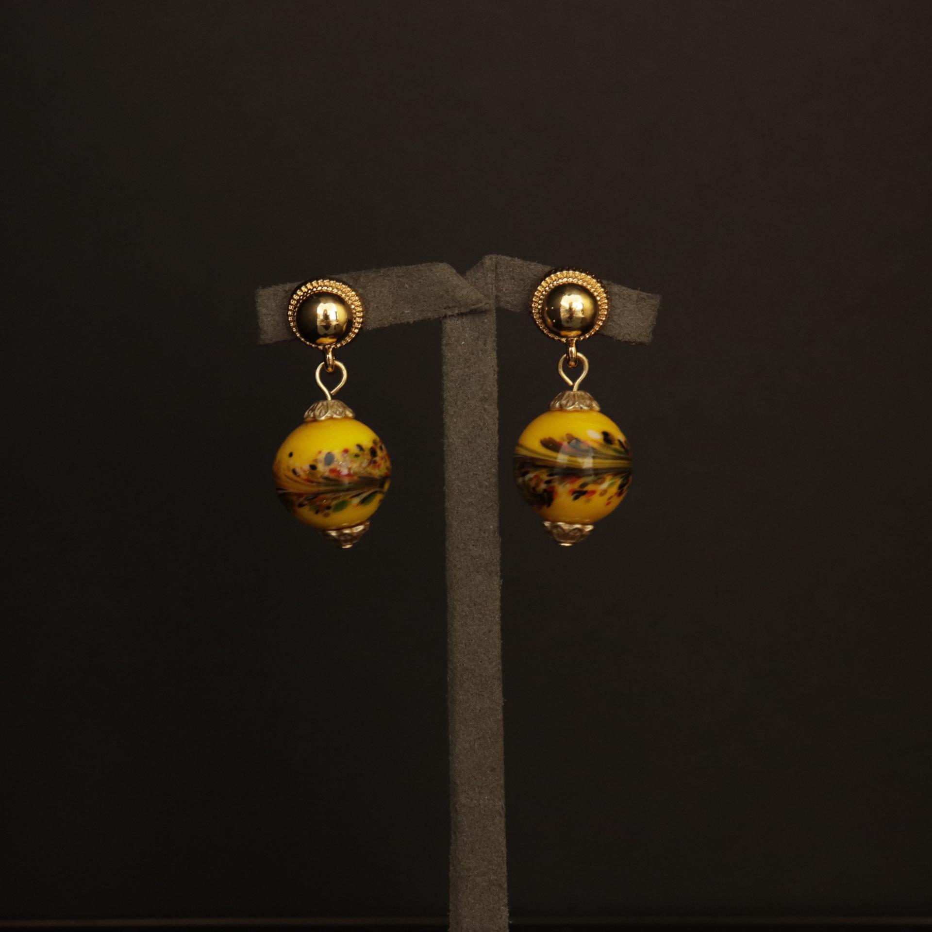 Vintage Court Style Yellow Glazed Beads Necklace & Bracelet with Gold Leaf & Phoenix Tail Design