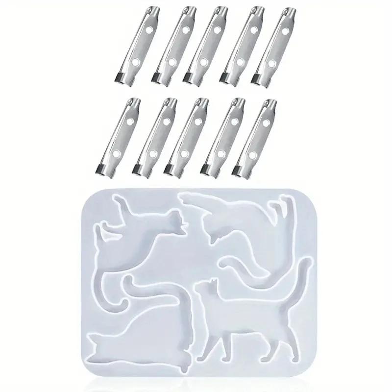 

1 шт. Форма из смолы для кошки, формы для литья ювелирных изделий, форма для броши, силиконовая форма животного, форма для кристалла с 10 шт. булавками для броши для DIY брелока