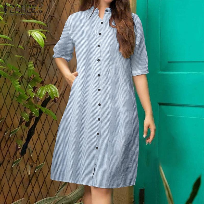 ZANZEA Women Stand Collar Casual Stand Collar Stripe Shirt Dress