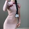 Cheongsam improved disc buckle stand-up collar dress women's middle school slim and thin girl elastic knitted skirt