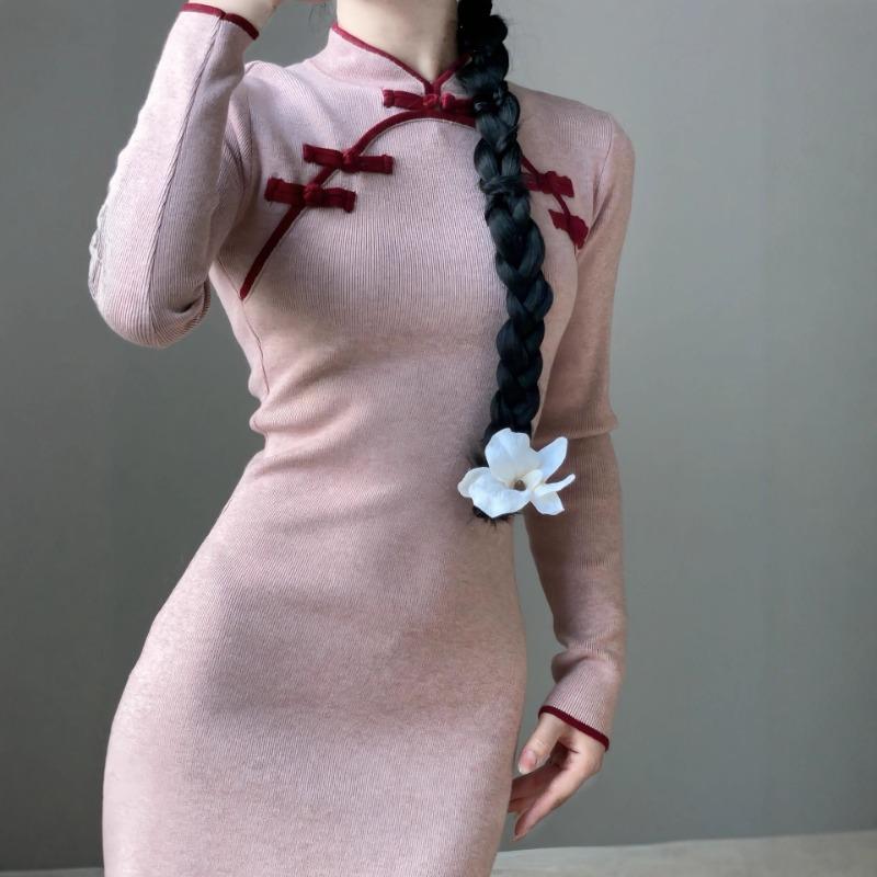 Cheongsam improved disc buckle stand-up collar dress women's middle school slim and thin girl elastic knitted skirt