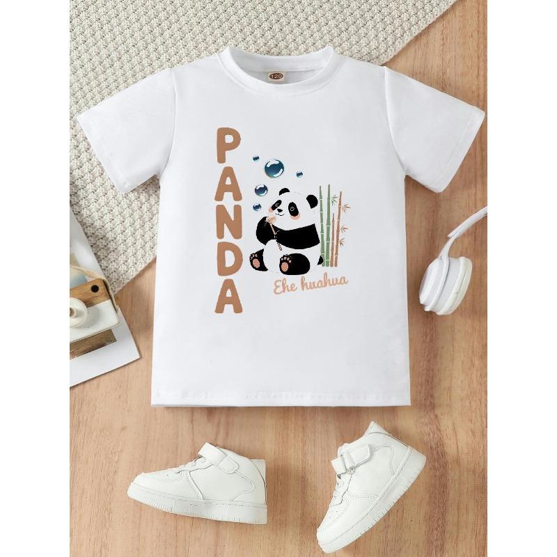 European sizes [Panda Print Girls' T-Shirt] Cute Cartoon Panda Print - Casual Comfortable Round Neck Short-Sleeved T-Shirt for Girls