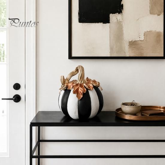 Halloween Pumpkin Decor Black And White Striped Ornament, Retro Style Resin Sturdy Indoor Desktop Decoration Tabletop Centerpiece, Ornament