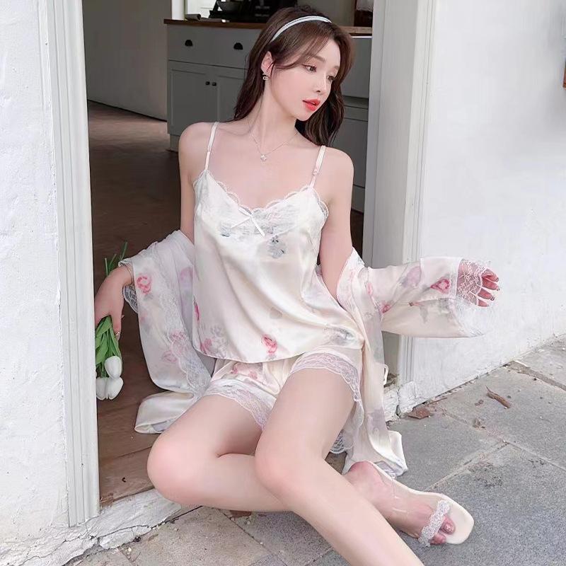 Summer new pure desire pajamas set women's suspenders shorts sweet loungewear three-piece set lace sexy thin