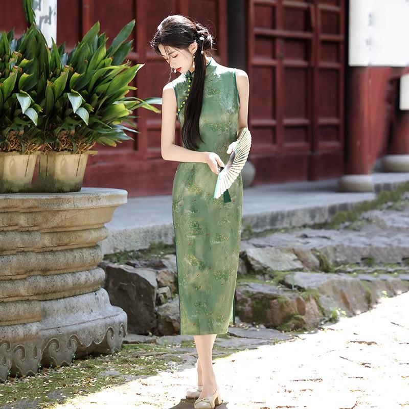Womens Sleeveless Long Cheongsam Dress Vintage Chinese Style Modern Fit Retro Floral Jacquard Small