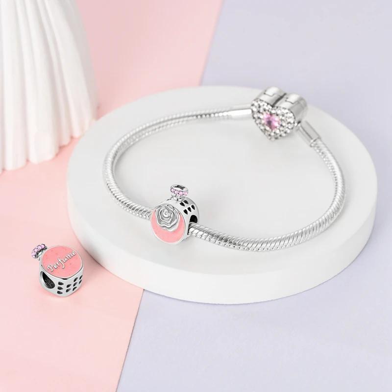 Original Charmscopper Pink Rose Perfume Bottle Beads Fit Charms Platabracelets For Women Women Jewelry Making Diy