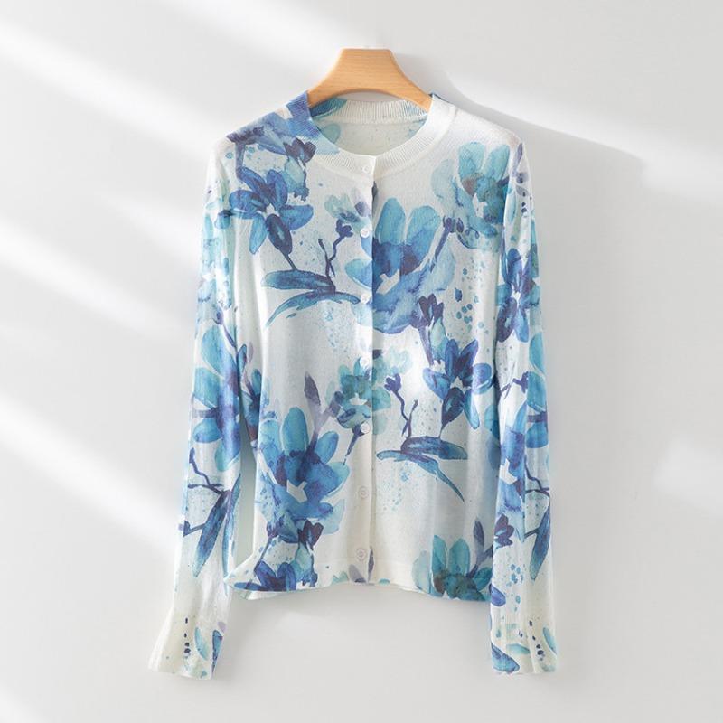 Acetic Acid + Wool Painted Printing Knitted Crew Neck Cardigan Women's Summer New Sunscreen Top Thin
