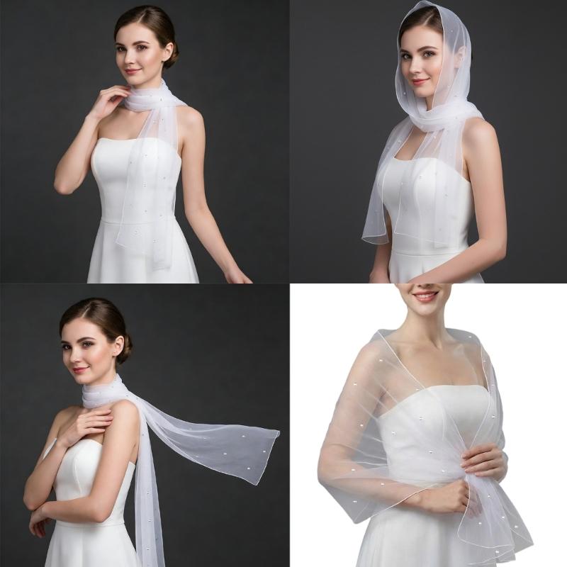 Seethrough Sheer Bridal Veils with Rhinestones Decors for Outdoor and Indoor Event Bride Shawl Wrap for Wedding Dresses